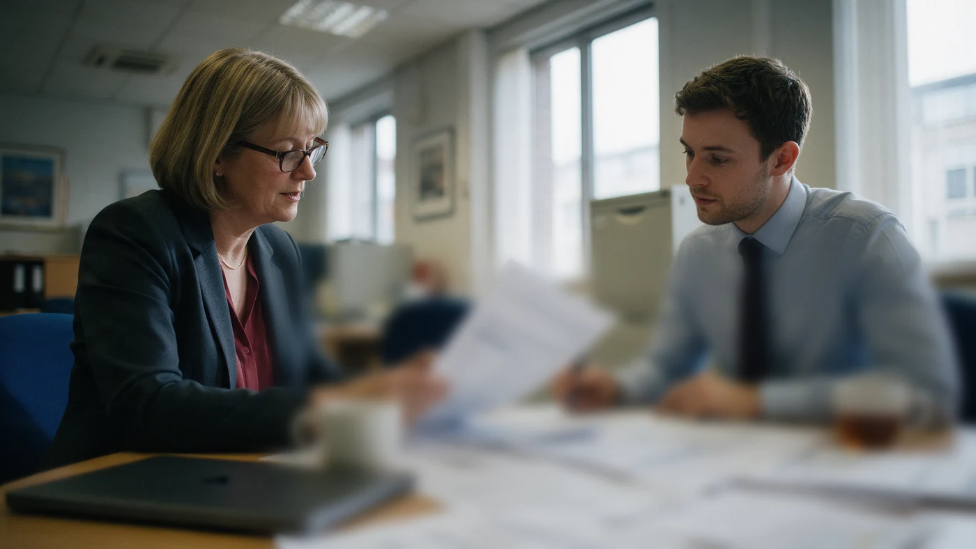 Compliance manager and a financial adviser reviewing an annual assessment pack together at a meeting table