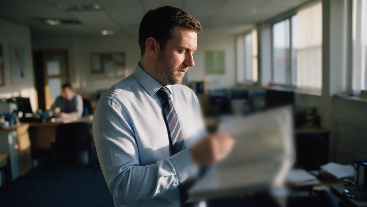 Mortgage adviser in an open-plan office working through a binder of training records and qualification certificates