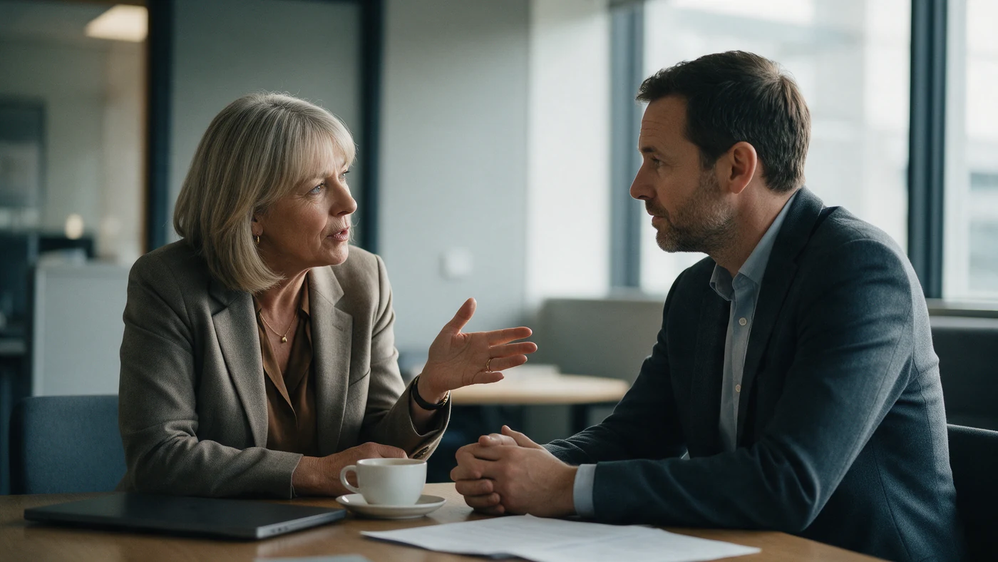 An HR director and an operations director in discussion at a meeting-room table, she gesturing as she makes a point
