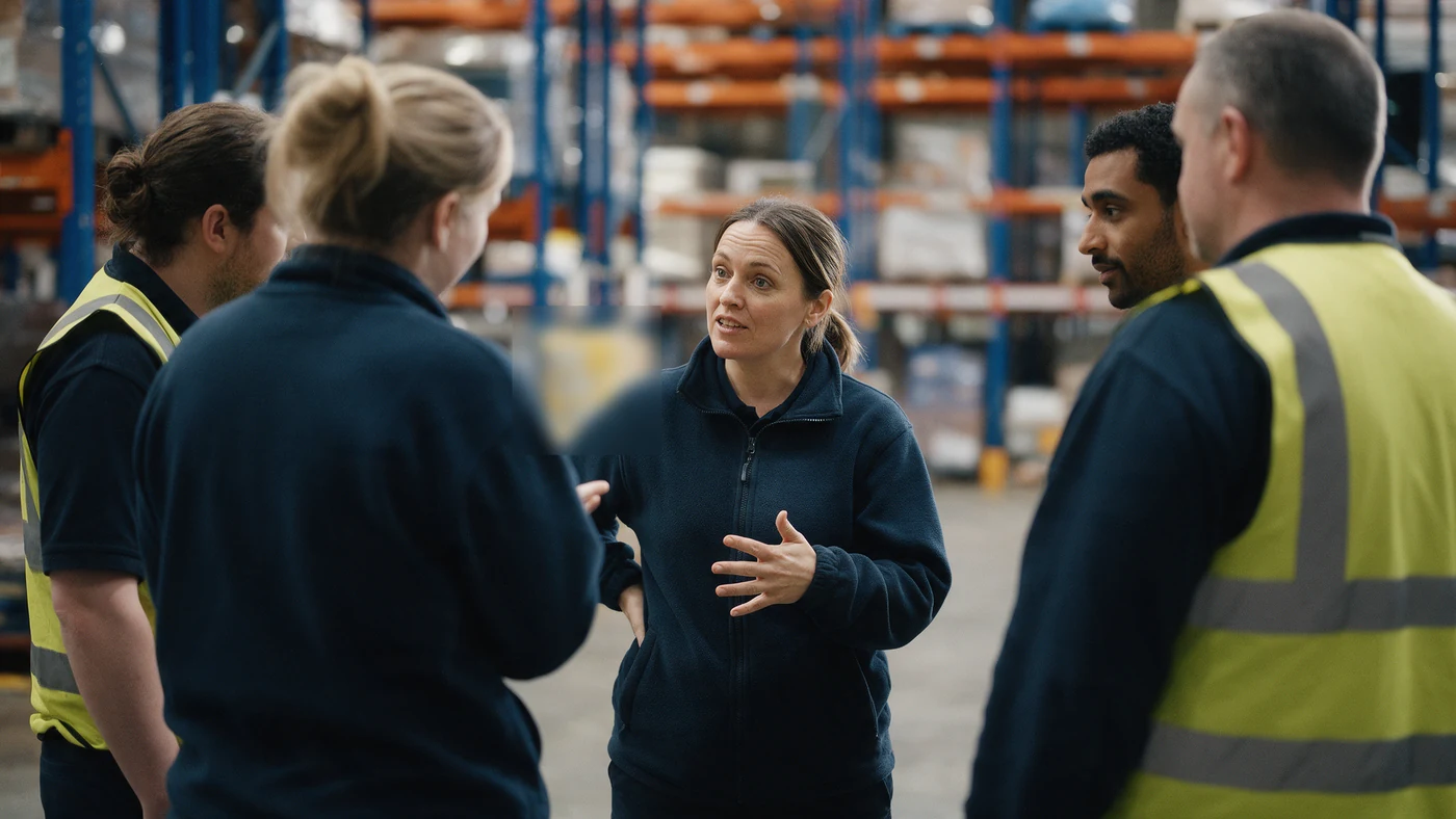 A team leader in a navy fleece leading a start-of-shift huddle with four colleagues on a warehouse floor