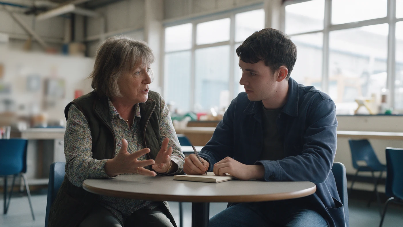An experienced woman mentoring a younger male colleague at a table in a warehouse canteen