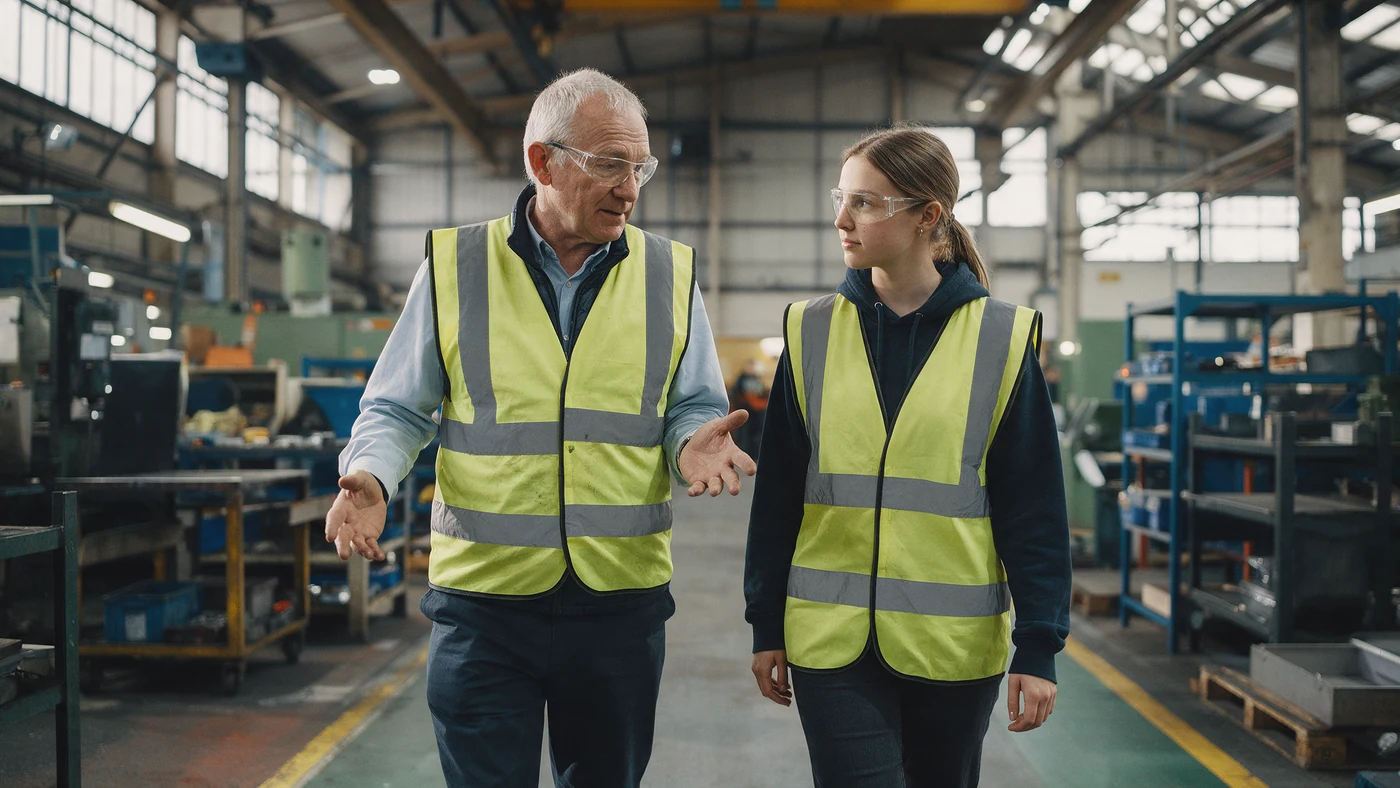 An older engineer mentoring a young apprentice while walking through a factory floor
