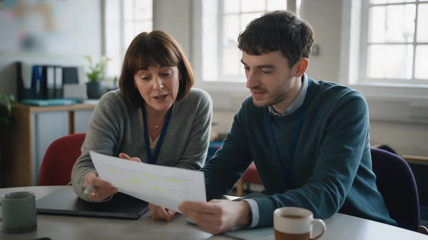 A manager and an engineer reviewing a printed skills profile together across a meeting table