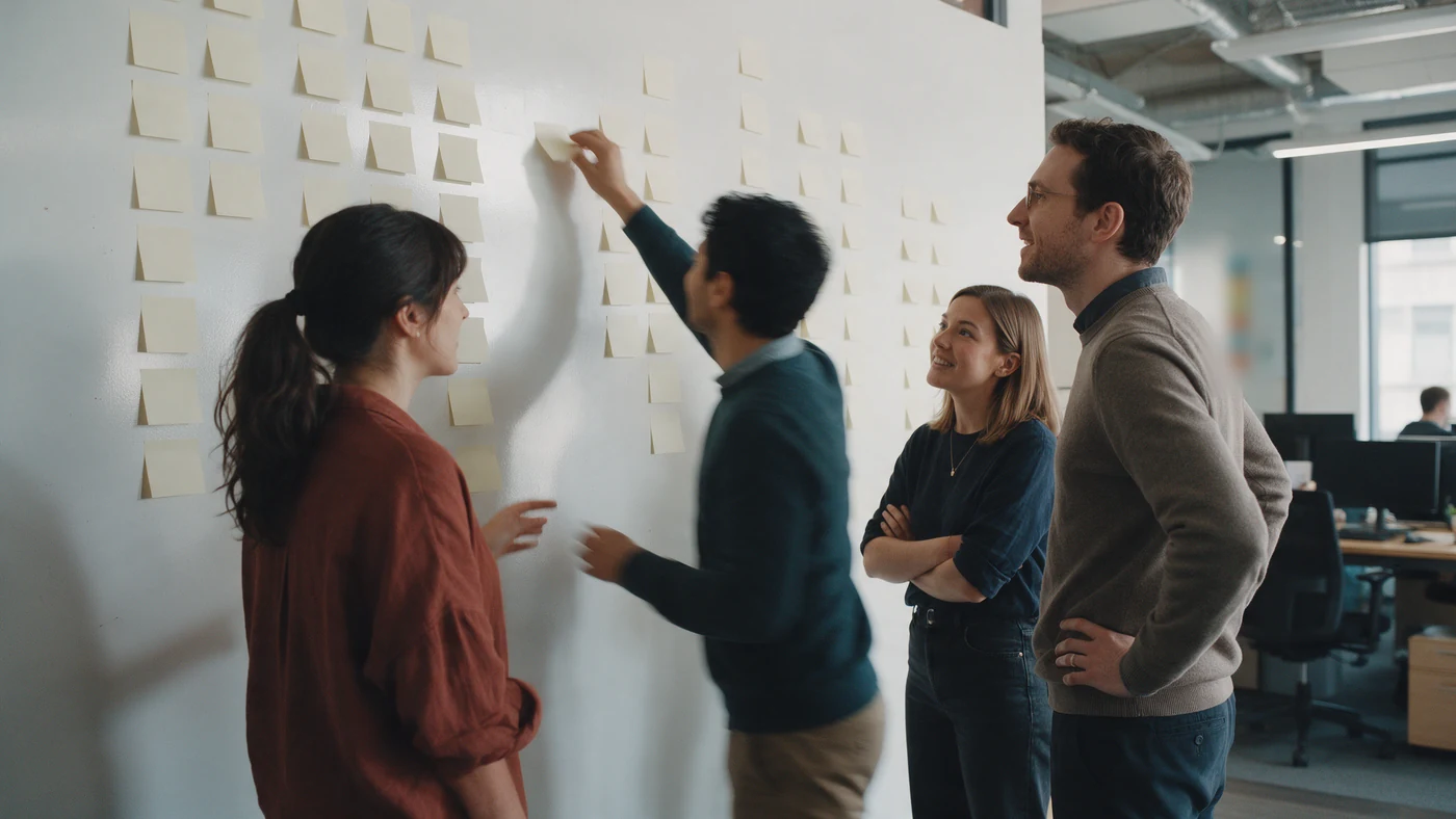 Four colleagues in a workshop arranging sticky notes into columns on a wall while mapping roles to skills