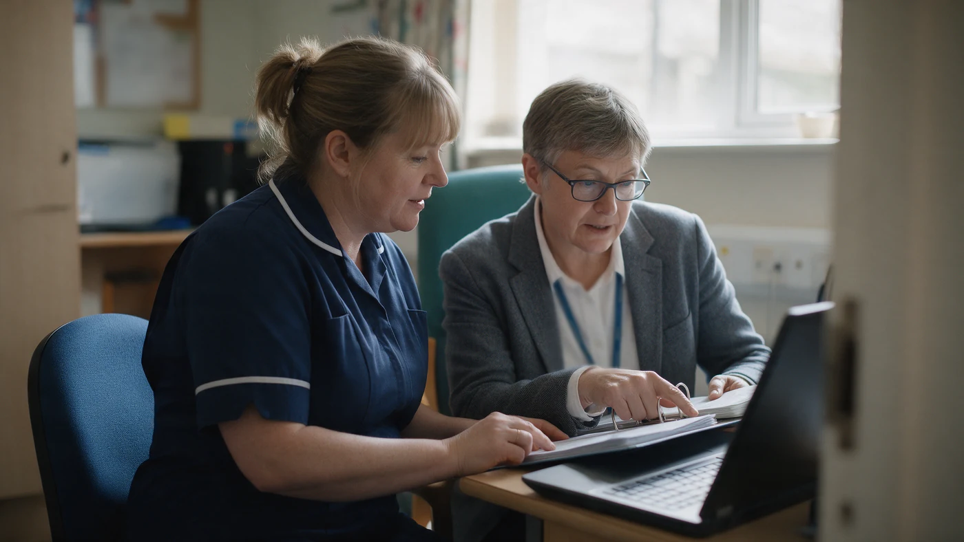 A care home manager and an inspector review a staff training file together at a desk