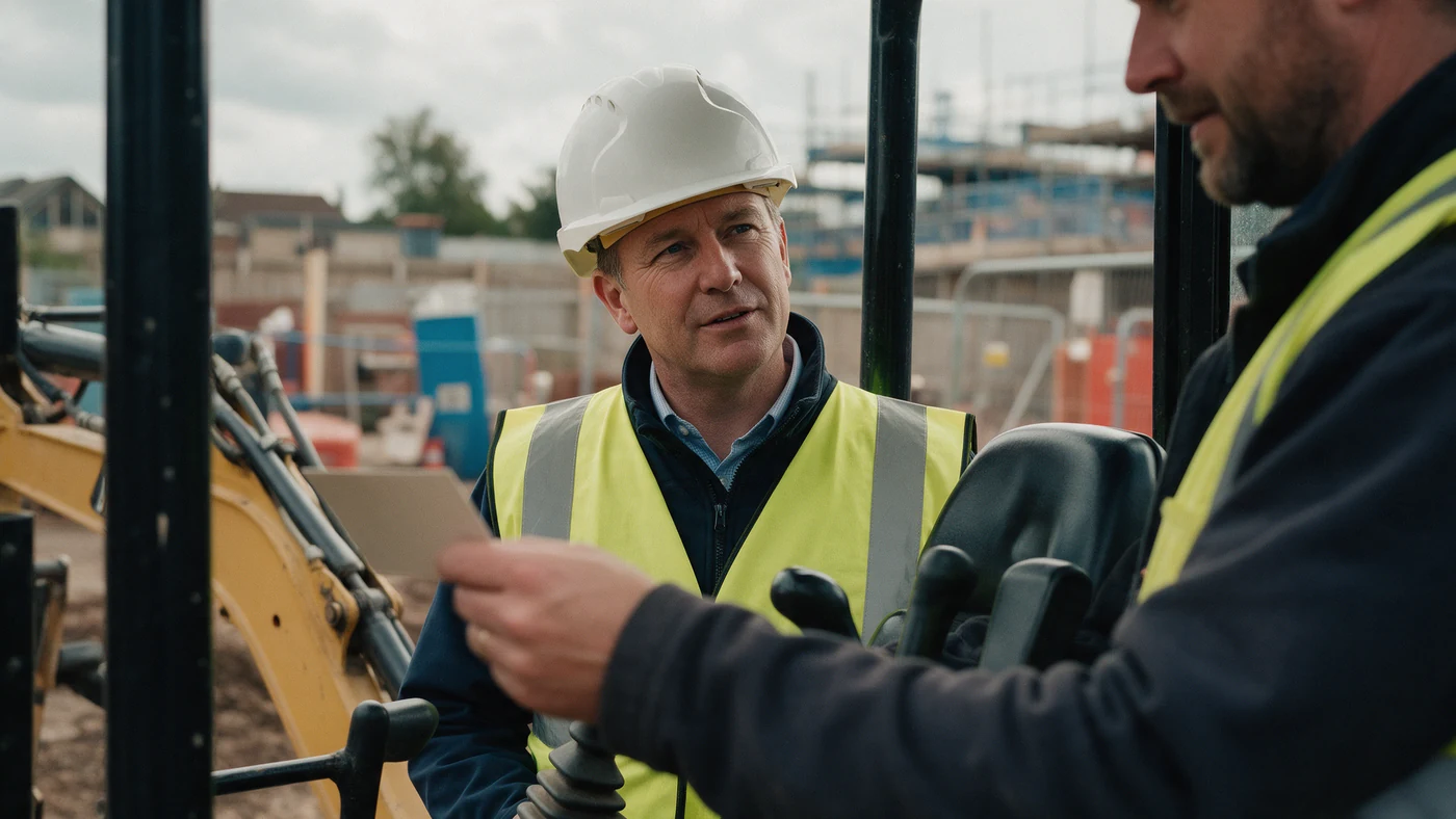 A site health and safety manager talks with a plant operator about his competence card beside an excavator