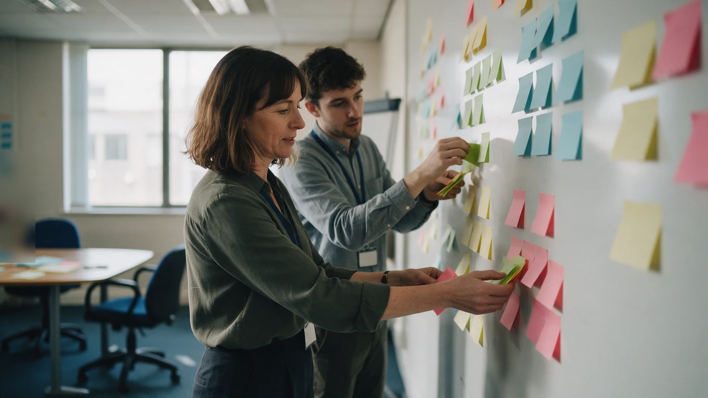 Two HR professionals grouping coloured sticky notes into clusters on a meeting room wall