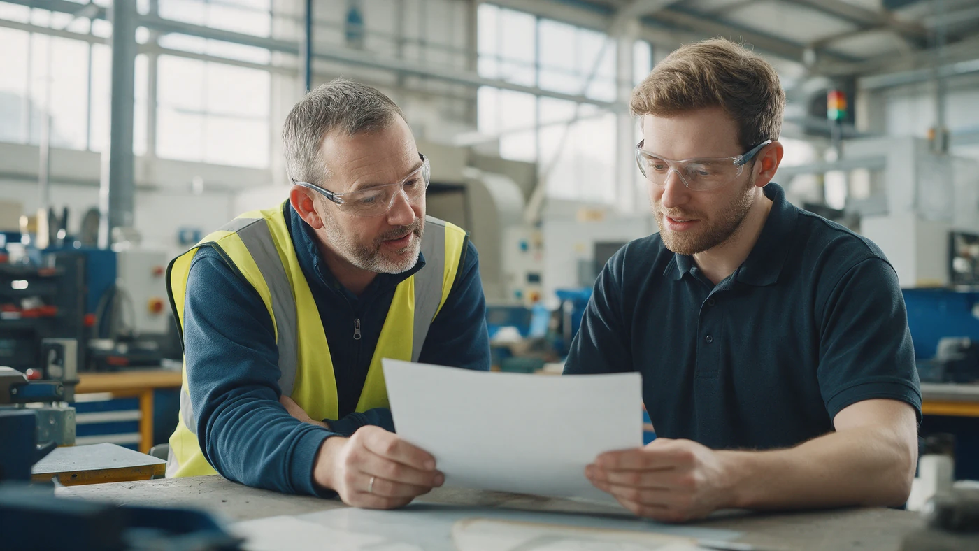 A team leader in a high-visibility vest and an engineer reviewing a sheet together at a workshop bench