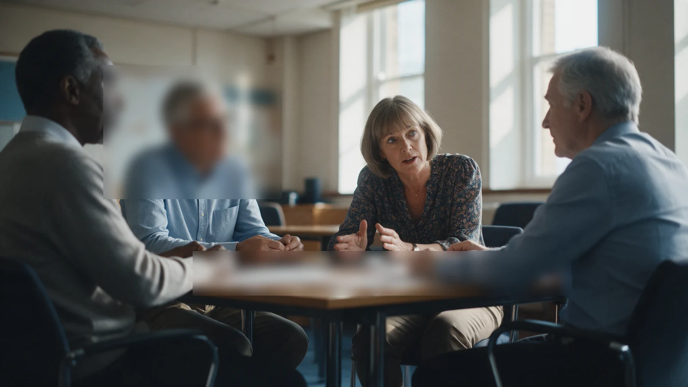Four senior leaders around a meeting table discussing successor readiness, one leaning forward to challenge a point
