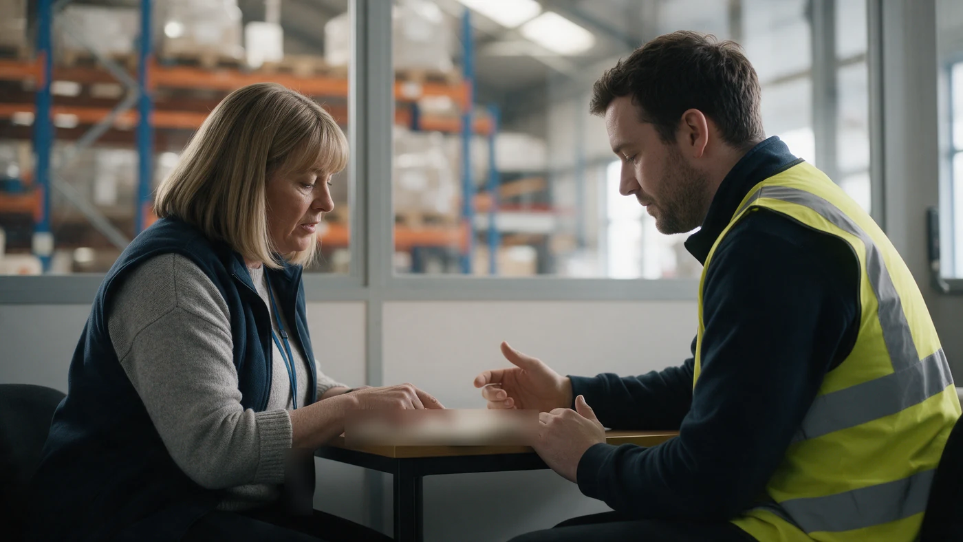 A line manager and a team leader in a hi-vis vest discussing development actions at a table in a warehouse site office