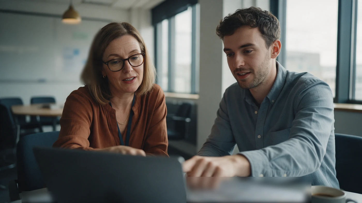 Two HR colleagues reviewing a performance data export on a laptop