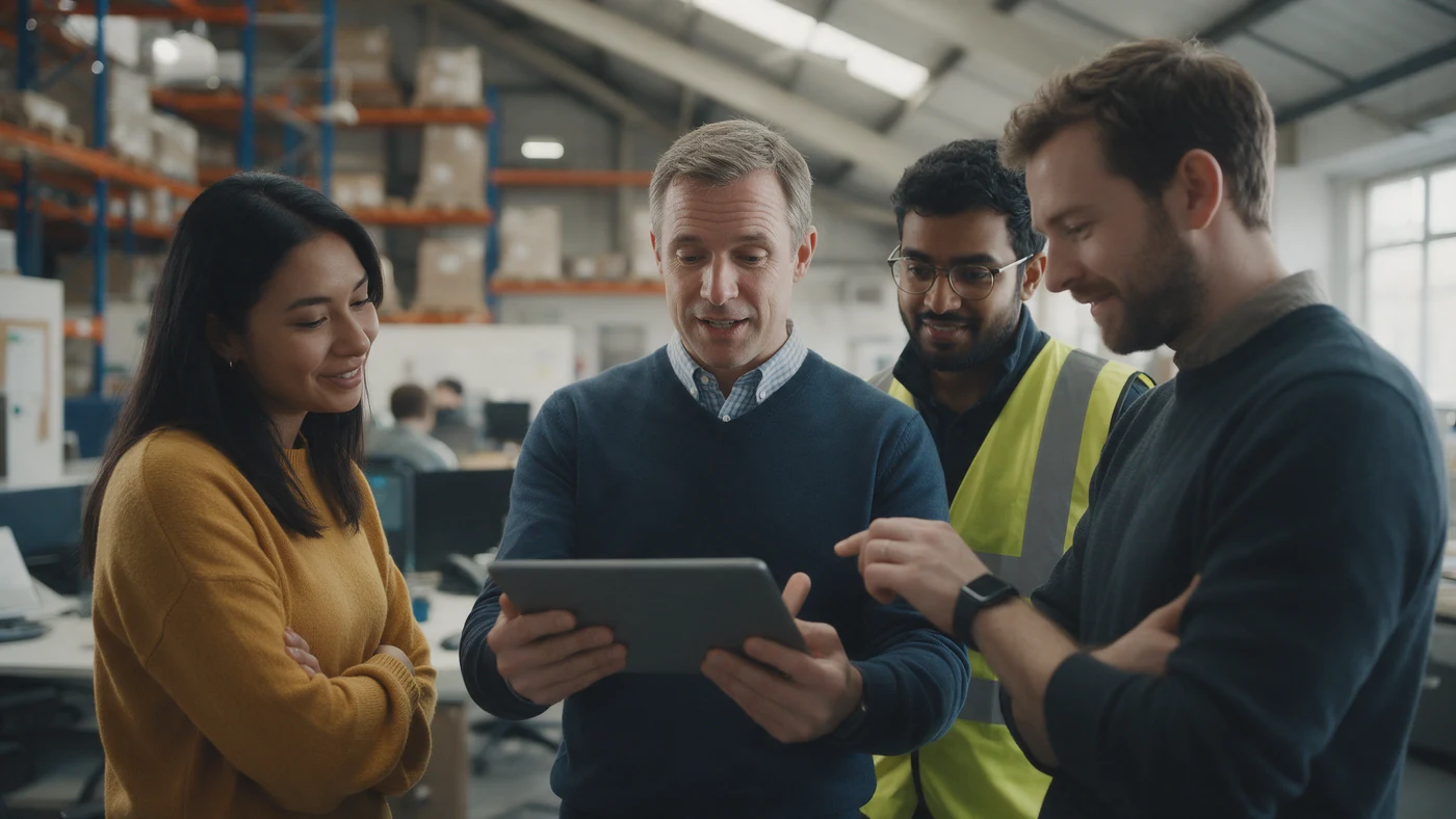 A manager showing team members a new performance tool on a tablet